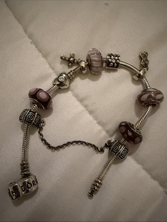 Pandora Jewelry - Pandora Sterling Silver Bracelet with Pink and Mauve Murano Glass and Charms